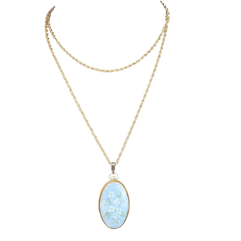 Porcelain Cameo Necklace Floral Hand Painted Blue Pendant White Flowers Goldtone